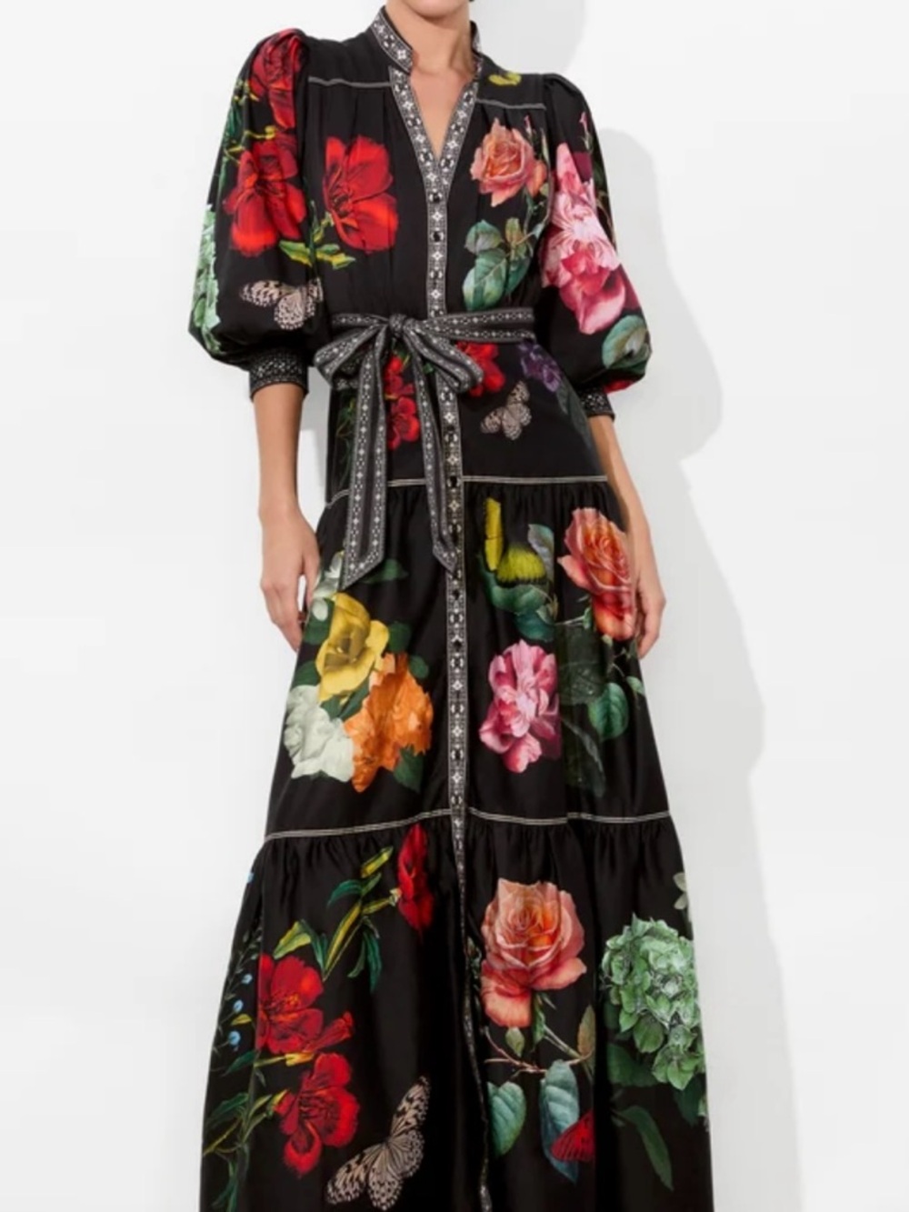 Alice + Olivia Black Floral Belted Maxi Dress with Multicolor Blooms